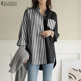 Korean Patchwork Tops Office Lady Spring Lapel Blusa Casual Long Sleeves Shirts Womens 2021 Cotton Linen Blouse