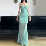 Fongt Chinese Chinese Light Green Shoulder Butterfly Print Fishtail Sling Skirt Sexy Hip Through Mesh Dress