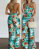 New Style Women Floral Print Long Jumpsuits Summer Sleeveless Deep V-neck Backless Halter Loose Jumpsuit For Holiday