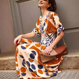 Fongt Women's Clothing V-Neck Waist-Print Dress Two-Piece Splicing Fashion 8067