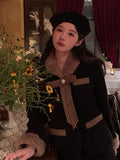 Vintage Two Piece Set Women Patchwork Elegant Sweet Y2K Mini Skirt Suit Female Korean Bow Chic Party Skirt Set Winter