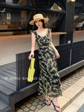 Fongt Xixi 2025 Summer New Korean Version Of High-Waisted Vacation Sling Dress V-Neck Print Pure Desire Skirt 88346