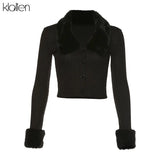 autumn female coat solid black stretch Slim knitting top women Soft fur collar design casual high street coat
