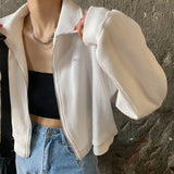 Women Zipper Turn-down Collar Solid Cropped Loose Streetwear Harajuku Casual All-match Stylish Female Vintage