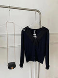 Sweet Soft Wool Cardigan Slim Women Patched Lace V Neck Full Sleeve Solid Color Autumn Spring Sweater Shirts-Outfit