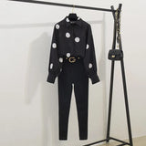 Spring Women Long Sleeves Dot Shirts + Slim Pants 2 pcs Sets Female Fashion Suits