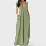 Fongt New Plus-Size Women's Solid Color Dress Sexy Deep V Short-Sleeved Dress-Outfit