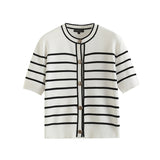 New Summer Style Small Fragrant Style Button Design Striped Cardigan-Outfit
