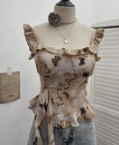 Real Shoot French Retro Irregular Lotus With Chest Cushions With Ribbon Sling Vest Summer Chiffon Top