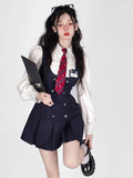 New Women's Autumn College Style Long Sleeve Shirt Top Higg Waist Shrinking Slim Dress 2-Piece Set Fashion Sweet Suit Girls-Outfit