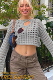Out Cropped Knit Smock Top Women Flare Sleeve Y2K Clothes Fairy Grunge Loose Distressed Crochet Pullovers Sweater