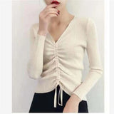 Sping V-neck Shirt Korean Long Sleeve Drawstring Knit Sweater