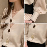 Lady Autumn Solid Women Blouses All-match Korean Tops V-neck Lantern Long Sleeve Clothes with Button Woman Shirt