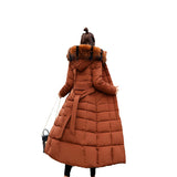 Winter New Tie Long Cotton-Padded Clothes Korean Version Over The Knee Thick Warm Hooded Solid Color Big Wool Collar Down Cotton Suit-Outfit