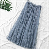 Elegant Korean Women Tulle Skirt Fashion Sequin Star Summer Mesh Ladies Long Skirt Elastic High Waist Party White