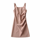 New Pleated Vest Dress Summer Women's Solid Color Square Collar Sleeveless Hip Skirt-Outfit