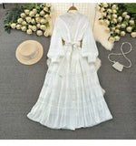 Fongt Gentle Style Dress Spring New Female Design Hollow Lace Splicing Bubble Sleeve Holiday Dress