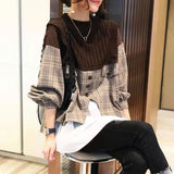 Clothing Vintage Plaid Pullovers Patchwork Knitted Fake Two Pieces Spring Autumn Round Neck Stylish Button Midi T-shirt-Outfit