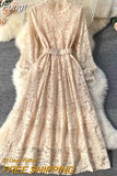 Lace Dress Women Spring Autumn New Round Neck Long Sleeve Vintage Embroidery Long Dresses Ladies Temperament Party