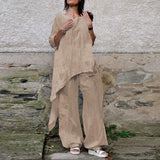 ZANZEA Fashion 2PCS Wide Leg Pants Sets Spring O-Neck Long Sleeve Blouse Suits Oversized Women's Tracksuit Casual Solid