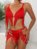 Red Tassel Bra and Panty Lingerie Set-Outfit