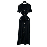 Fongt Fragrant Style High-End Hair-Side V-Neck Short-Sleeved Knitted Dress Women's Summer Waist Single Buckle-Clove Long Dress