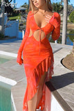 Summer Ruffle Sexy Y2K Clothes Hollow Out Long Sleeve Backless Side Slit Bodycon Maxi Dresses For Women 2023 Club