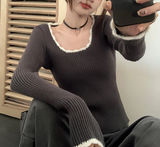 Contrast Color Trim Slim Long Sleeve Knit Top-Outfit