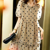 Stylish Polka Dot Printed Chiffon Midi Dress Summer Elegant Folds Patchwork Women's Clothing Loose A-Line O-Neck Dresses-Outfit