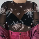 Fongt Summer Hot Style Women's New Moon Printed Mesh Perspective T-Shirt Short Jacket-Outfit