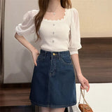 Fongt Korean Version Of The Small Fragrant Collarbone Design Shirt Short Bubble Sleeve Ice Silk Knitted Short-Sleeved T-Shirt