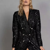 Fongt Fashion V-Neck Temperament Blazer Double-D Row Black Brighten Long