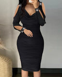 Fongt Women's Hot Diamond V-Neck Pleated Tight Skirt Wrapped Hip