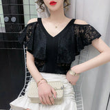 Lace Blouse 2022 Summer New Sexy Off-shoulder Ruffle Tops Simple V-neck Black Shirts Casual 3XL Blusas Mujer