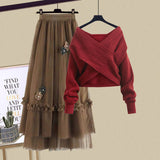 Winter Knitted 2 Piece Sets Women Long Sleeve Knitted Sweater And High Waist Mesh Long Skirts Sets For Women