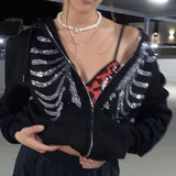 Black Gothic Rhinestone Design Zipper Hoddie-Outfit