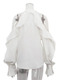 White High Neck Ruffled Cut Out Shirt-Outfit