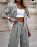 Fongt Women's Temperament Casual Stripe Short Lapel Suit Straight Pants