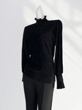 Fongt Designer Early Spring Bottom Shirt Advanced Golden Velvet High Collar Pleated Long Sleeve With Bubble Sleeve Jacket-Outfit