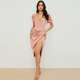 Fongt Women's Shoulder Strapless Fishbone Slim Slit Solid Color Fashion Sexy