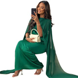 Elegant Casual Muslim Women's Round Neck Loose Swing Shawl Robe Solid Chiffon Dress-Outfit