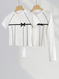 Fongt Combed Cotton White T-Shirt Women's Pure Cotton Bright Thread Design Bow Knot Rotator Sleeve Round Collar Short Sleeve Shirt Ins-Outfit