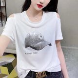 Street Solid Color T-shirt Female Clothing Chic Diamonds 2023 New Summer Stylish Off Shoulder Casual O-Neck Loose Pullovers-Outfit