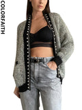New 2021 Women's Autumn Winter Sweaters Fashionable Elegant Oversized Cardigans Pearls Pockets Vintage Tops