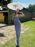 Blue Strapless 3D Flower Ruched Maxi Dress-Outfit