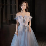 One-Word Shoulder-Colored Evening Dress Female Banquet Temperament Famous Blue Starry Sky Gradually Fairy Host Vocal Art