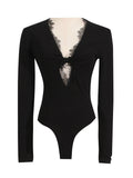 Fongt Wind Top Woman 2025 Spring New Kinesitic Lace Splicing Design V Collar Long