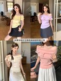 Fongt Xixi 2025 Summer New Korean Version Of The Flower Temperament Word-Collar Ice Silk Knitted Women's Top 25237