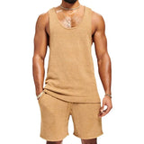 Fongt Men's Fan Men's Summer Knitted Two-Sleeve Leisure Hair Weaving Vest Set