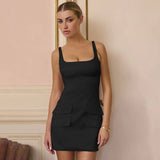 Satin Square Neck Mock Pocket Mini Dress-Outfit